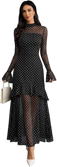 GothDark Womens Floral Maxi Dress Sheer Mesh Bell Sleeve Tiered Ruffle Gothic Romantic Casual Long Dresses