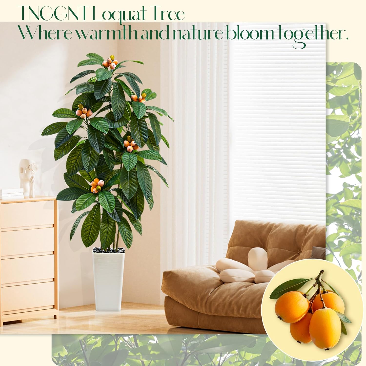 Artificial Loquat Tree：Faux Tree Realistic Fake Tropical Fruit Plant Large Silk Floor Plants with Lifelike Fruits&Pot for Home Decor Indoor Outdoor Room Office Patio Balcony(5FT,1-Pack,White)