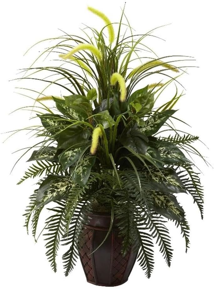 Nearly Natural 6727 3ft. Mixed Greens & Cattails with Planter, 26 x 26 x 36 inches, Green