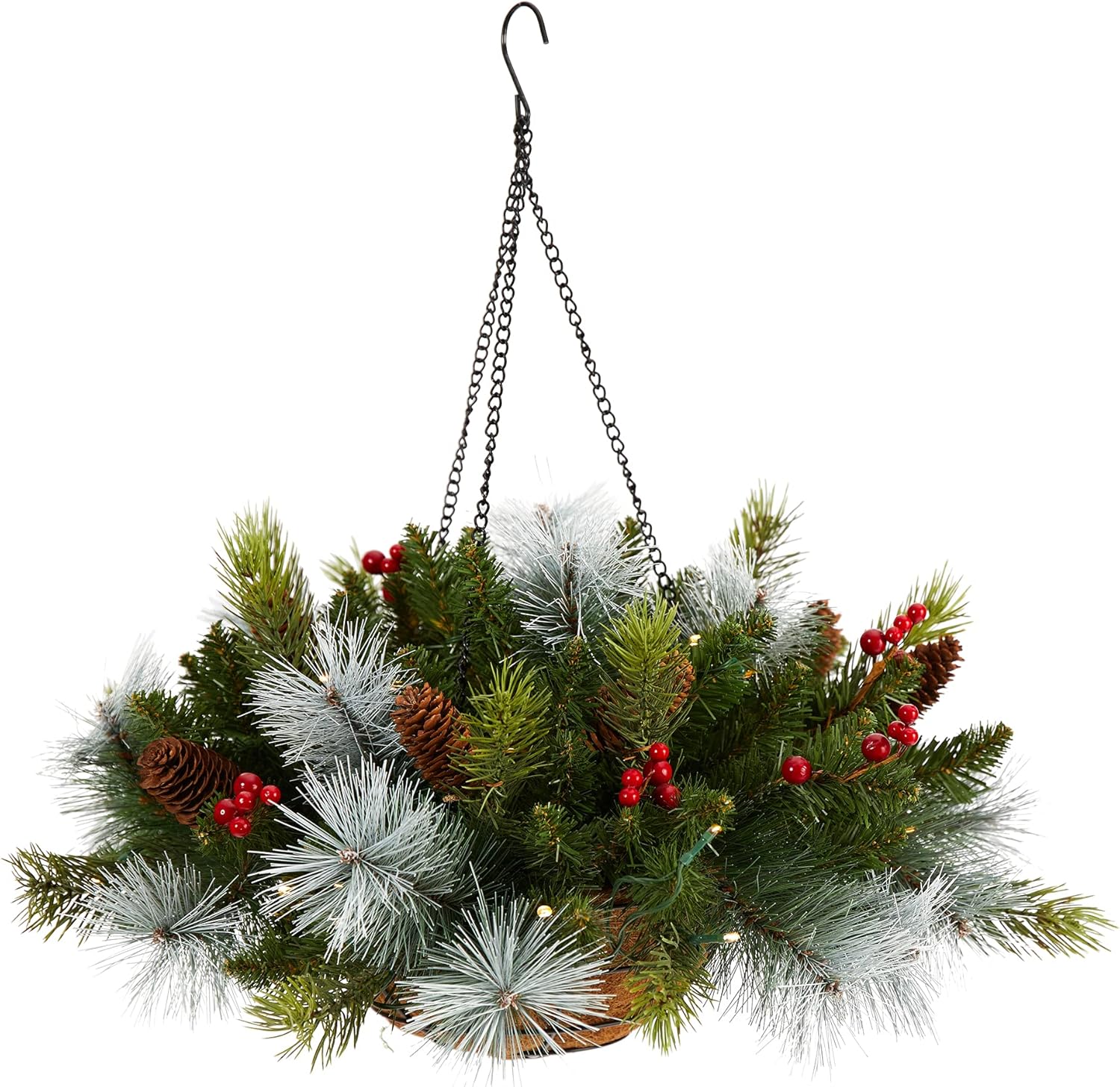 Nearly Natural 24in. Pre-Lit Artificial Pine and Berry Christmas Hanging Basket with LED Lights