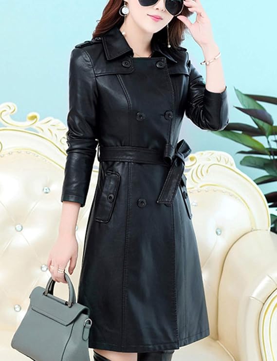 Tanming Womens Fashion Lapel Double Breasted Lambskin Leather Mid Long Jacket Coat