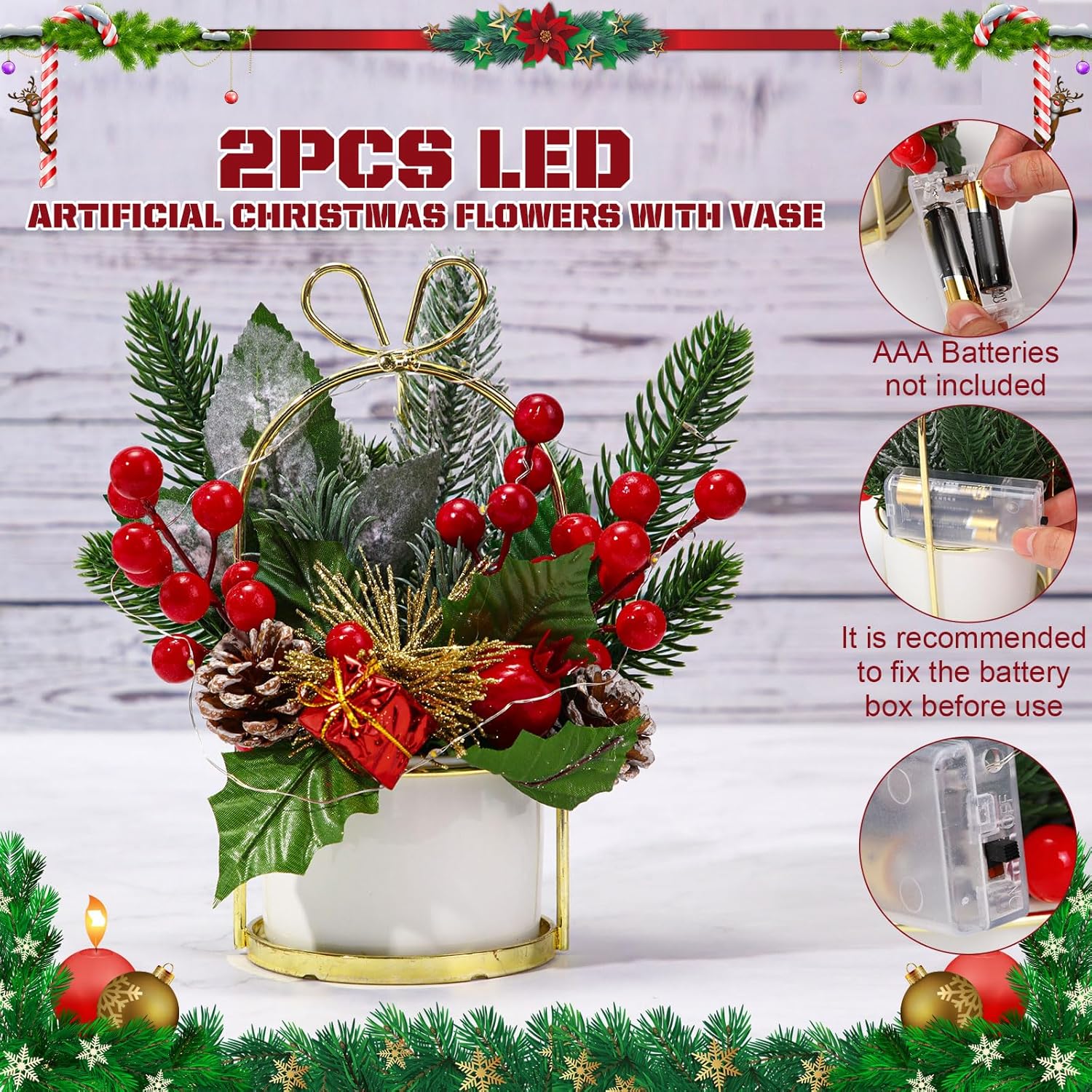 2 Pcs 8 Inch LED Artificial Christmas Tabletop Floral Arrangement, Christmas Flowers in Pot with Red Berries Picks Cedar Sprays for Table Centerpieces Fireplace Mantel Farmhouse