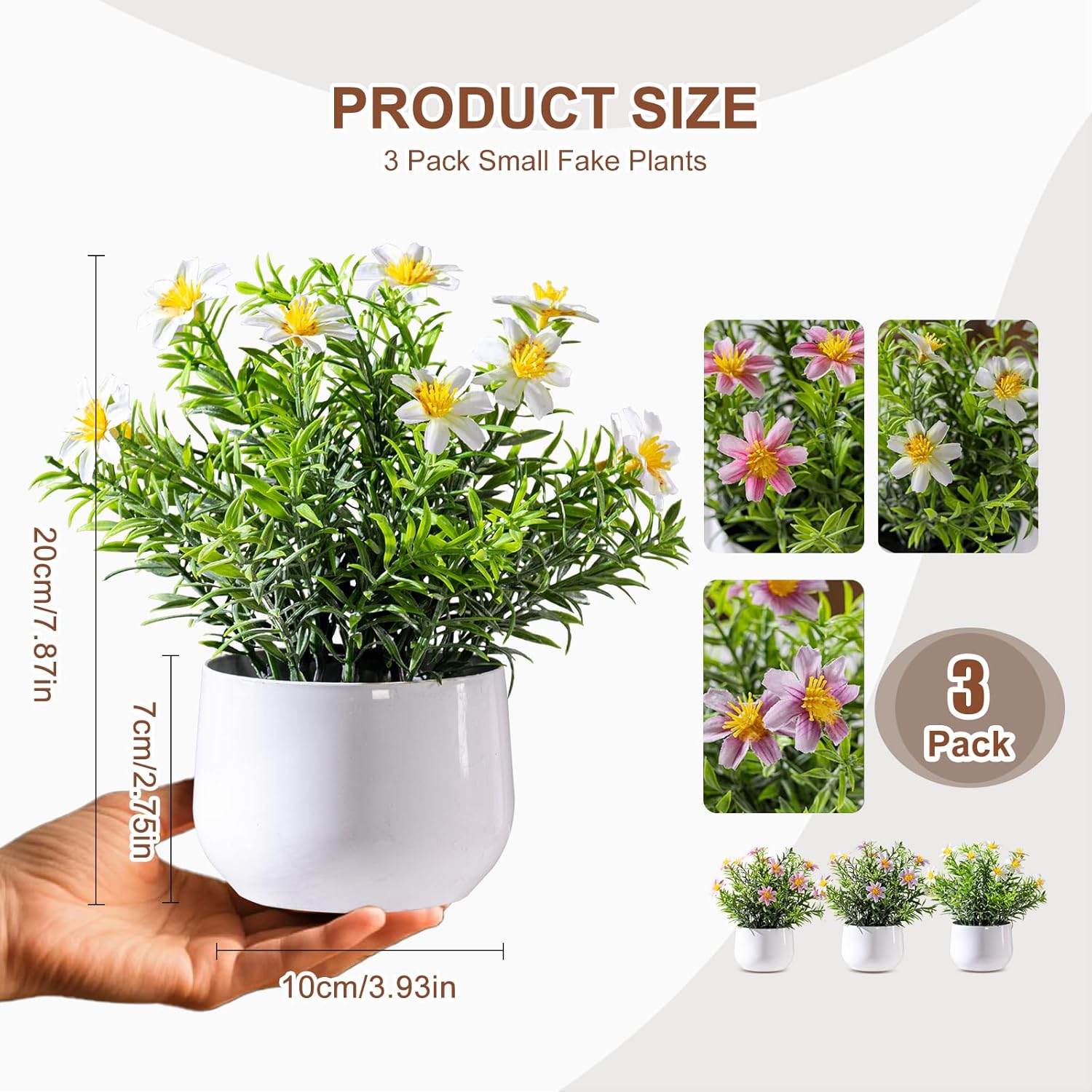 3 Pack Small Fake Plants Artificial Potted Flowers for Indoor Mini Faux Plants with Flowers Greenery for Home Decor Living Room Bathroom Bedroom Office Table Shelf (White+Pink+Purple)