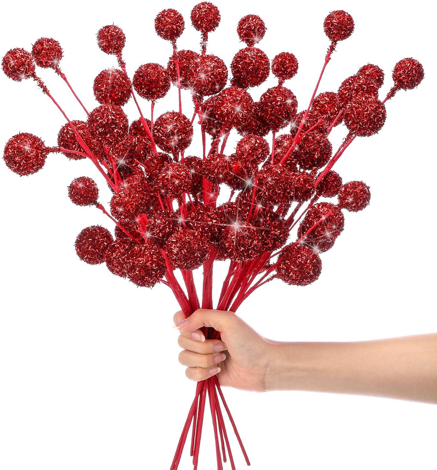 10pcs Christmas Glitter Berry Stems 19.7 Inches Christmas Tree Picks and Spray Large Artificial Glitter Berries Branches for Xmas Ornament, DIY Wreath, Craft, Holiday Decor(Red)