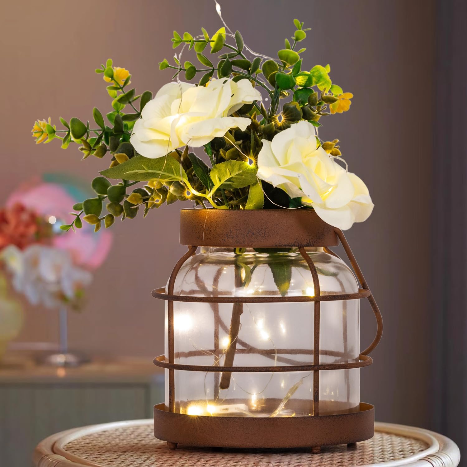 Rustic Home Décor Vase, Artificial Flowers Glass Jar, Farmhouse Décor Vintage Styled Rusted Lantern Decor with Plants and LED Strings, Hanging Lantern Home Kitchen Centerpiece Table Décor Bronze
