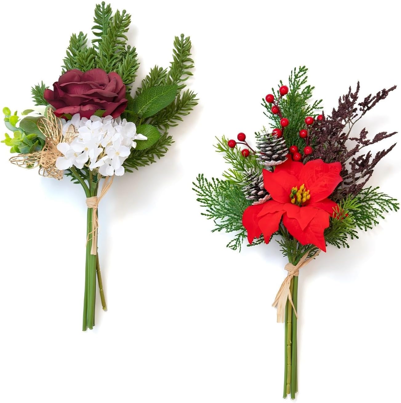 11 Pcs Artificial Christmas Flowers Bouquet Pine Branches 14" Red Poinsettias FLowers Faux Greenery Spary Stems Red Berry Pine Cones Fake Cedar Picks for DIY Crafts Tabletop Winter Home Party Decor