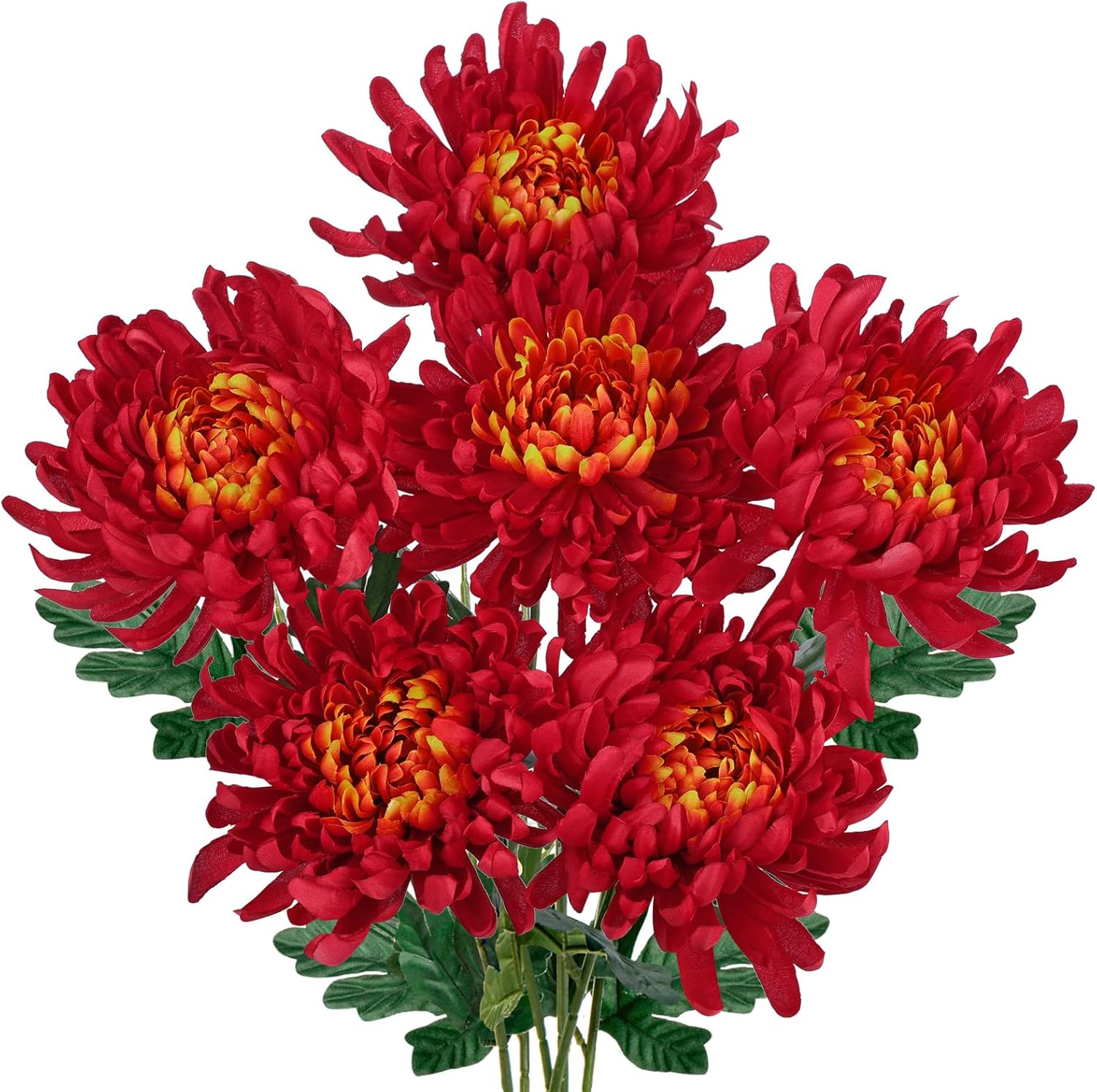 Briful 6 Pcs Orange Red Artificial Mums for Outdoors Fall – 25.6’’ Long Stem Faux Chrysanthemums, Large 6’’ Silk Fall Flowers for Wedding Bouquets, Centerpieces, Porch Décor, Indoor Home Decoration