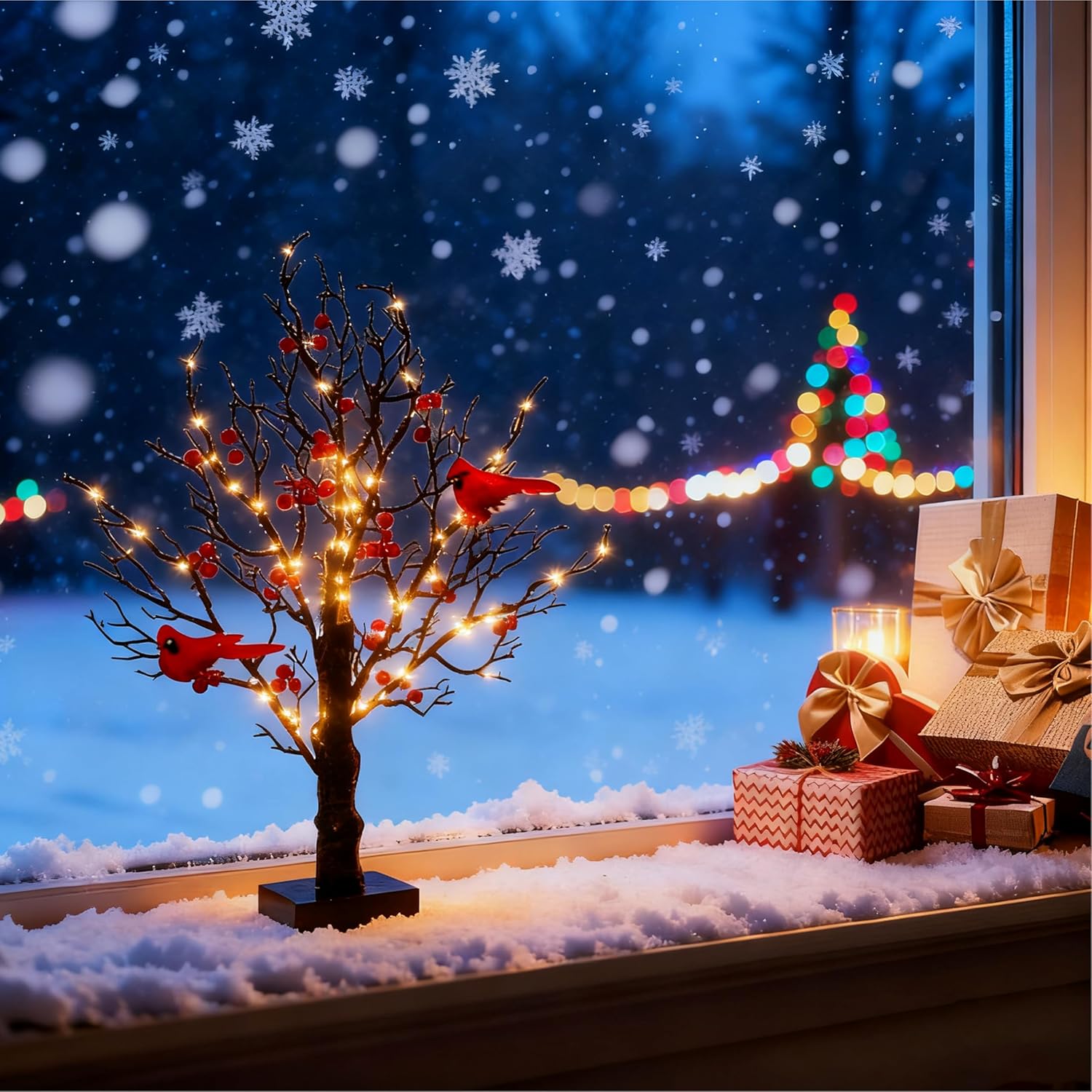 2-Pack 21in Vintage Retro Tabletop LED Tree-50+ Warm Copper Bulbs, Moving Cardinal Berries-Battery Operated FCC-Certified Shatterproof Kid/Pet-Safe 50+Hrs Runtime Year-Round Holiday Decor