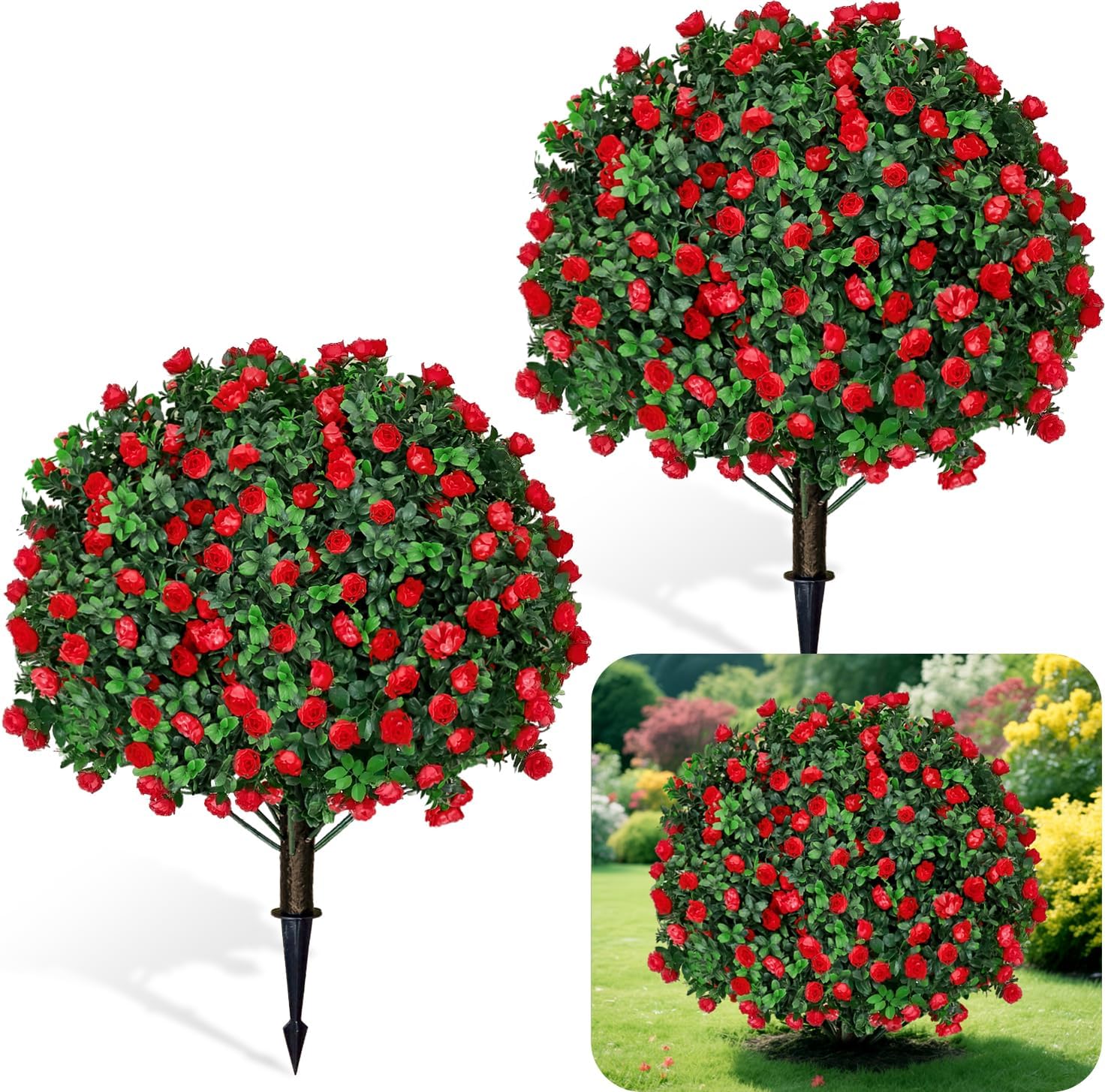 Artificial Red Topiary Ball Trees with Ground Spike 2 Pack 25.5 Inches UV Resistant Artificial Shrubs Fake Evergreen Tree for Porch Artificial Plants for Indoor Outdoor Front Porch Garden