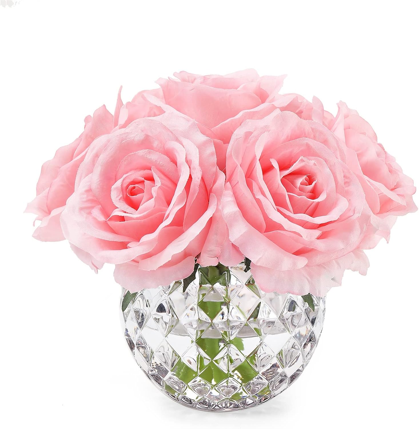7 Large Stem Rose Artificial Flowers in Vase, Silk Flowers Arrangement in Round Glass Vase Without Water for Home Decor, Wedding Table (Pink)