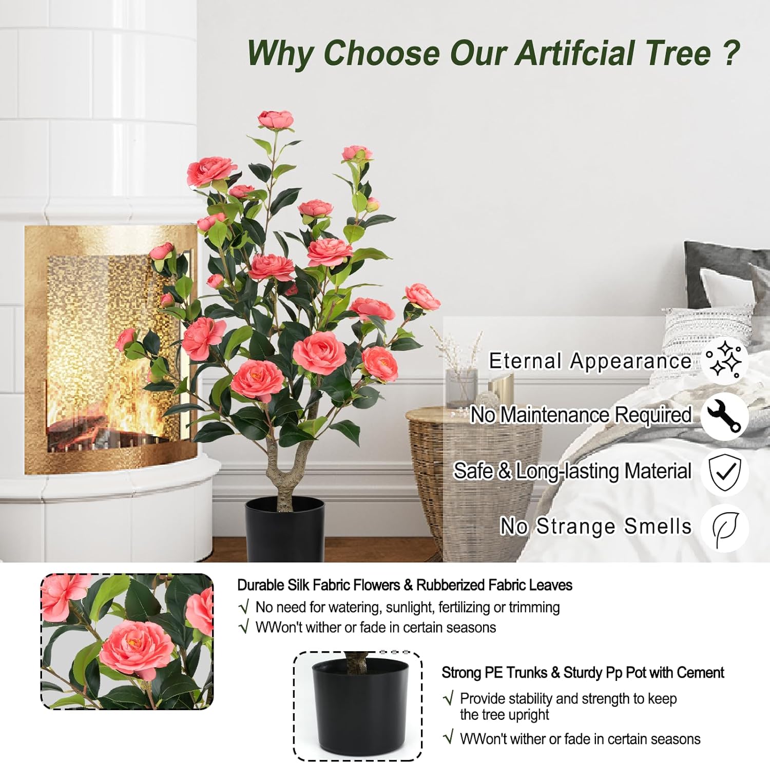 Artificial Camellia Tree 2 Pack - Realistic Camellia Plants in Pot with Pink Flowers, Lifelike Faux Greenery for Living Room, Patio, or Wedding,Pink