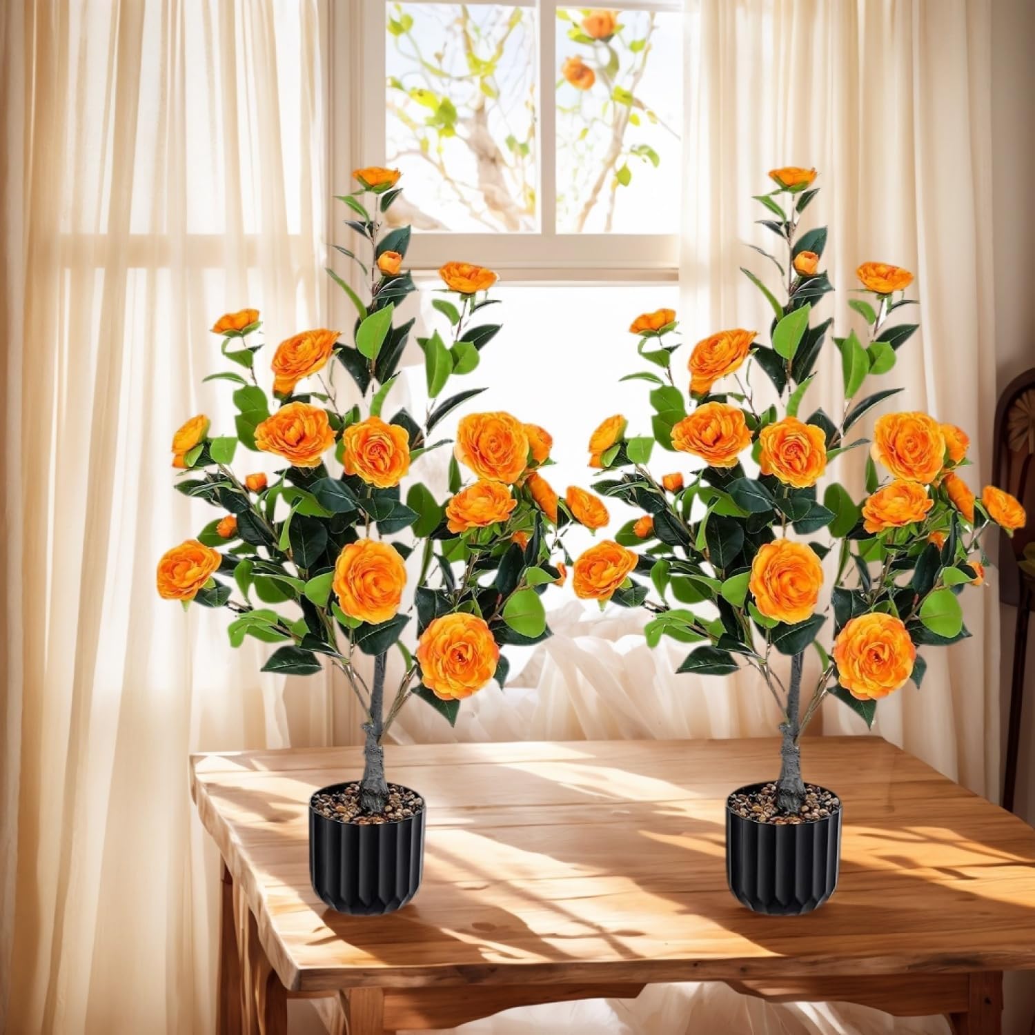 Geelife Artificial Camellia Tree 2 Pack, 36' Faux Camellia Plant in Pot with Orange Flowers