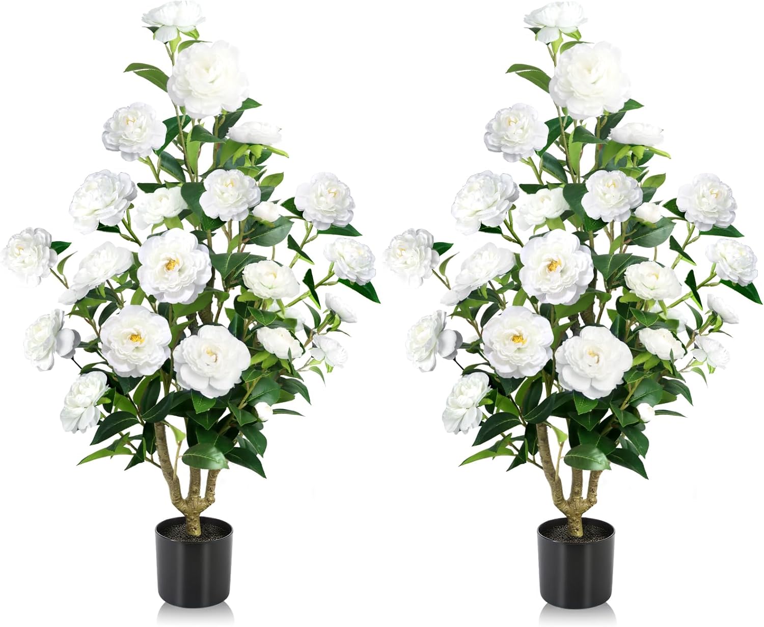 Faux Outdoor Plants 2 Pcs - 39’’ Artificial Camellia Tree Potted with White Flowers, Artificial Plants Outdoor Porch Front Door Garden Indoor Office Home Wedding Christmas Decor Housewarming