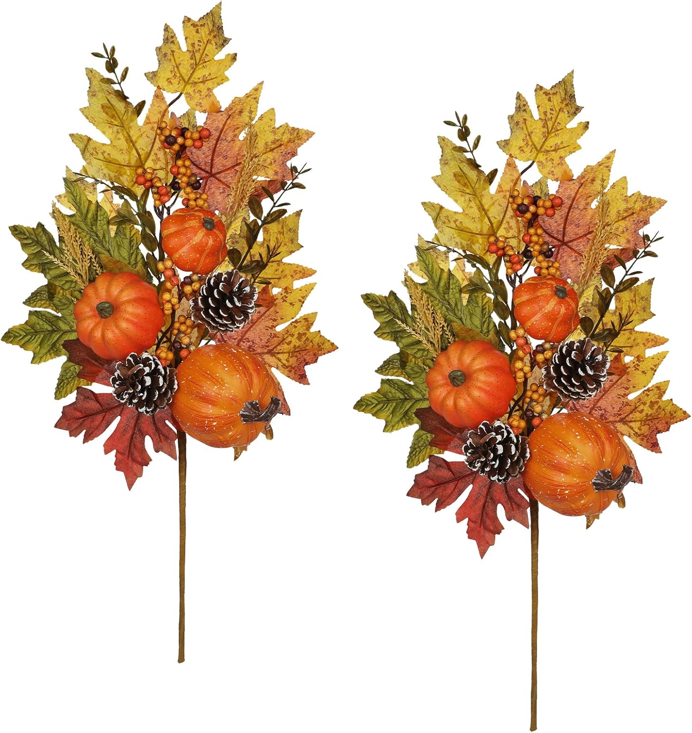Artificial Fall Branches Table Centerpieces, Fake Pumpkins Pinecones Maple Leaves with Berries, 23.6" Fall Stems for Vase Falls Floral Stems Autumn Décor Farmhouse Kitchen Table Decorations 2 Pcs