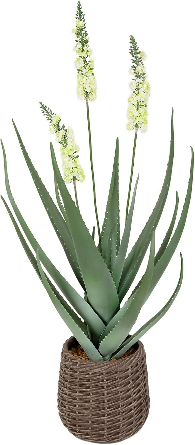 3ft UV Resistant Artificial Aloe Vera Plant in Brown Woven Planter,38" Faux Aloe Plant with Realistic Leaves and Flowers for Front Porch Patio Living Room Pool Indoor & Outdoor Decor