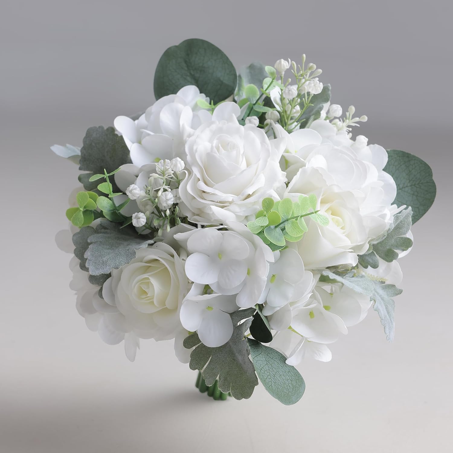8.6 Inch Wedding Bouquets for Bride Bridesmaid, White Faux Real Touch Roses & Hydrangeas Wedding Bouquet, Baby's Breath, Dusty Millers, White Greenery Bouquets