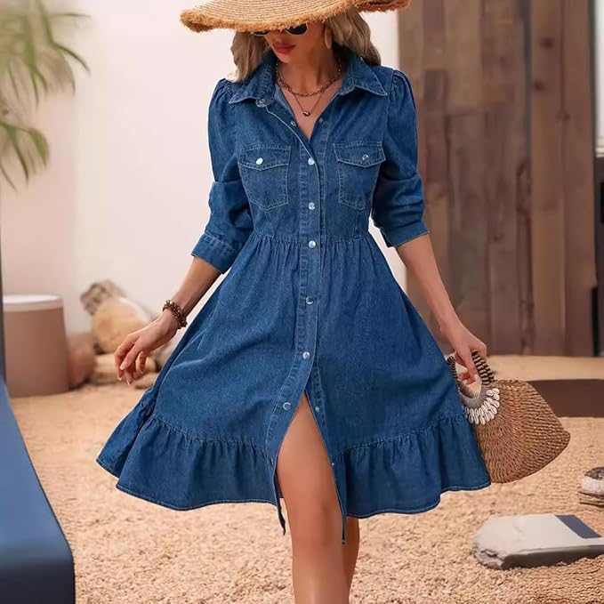utcoco Women's Flowy Denim Dress 2025 Vacation Lapel Long Puff Sleeve Button Down A Line Swing Ruffle Jean Dress