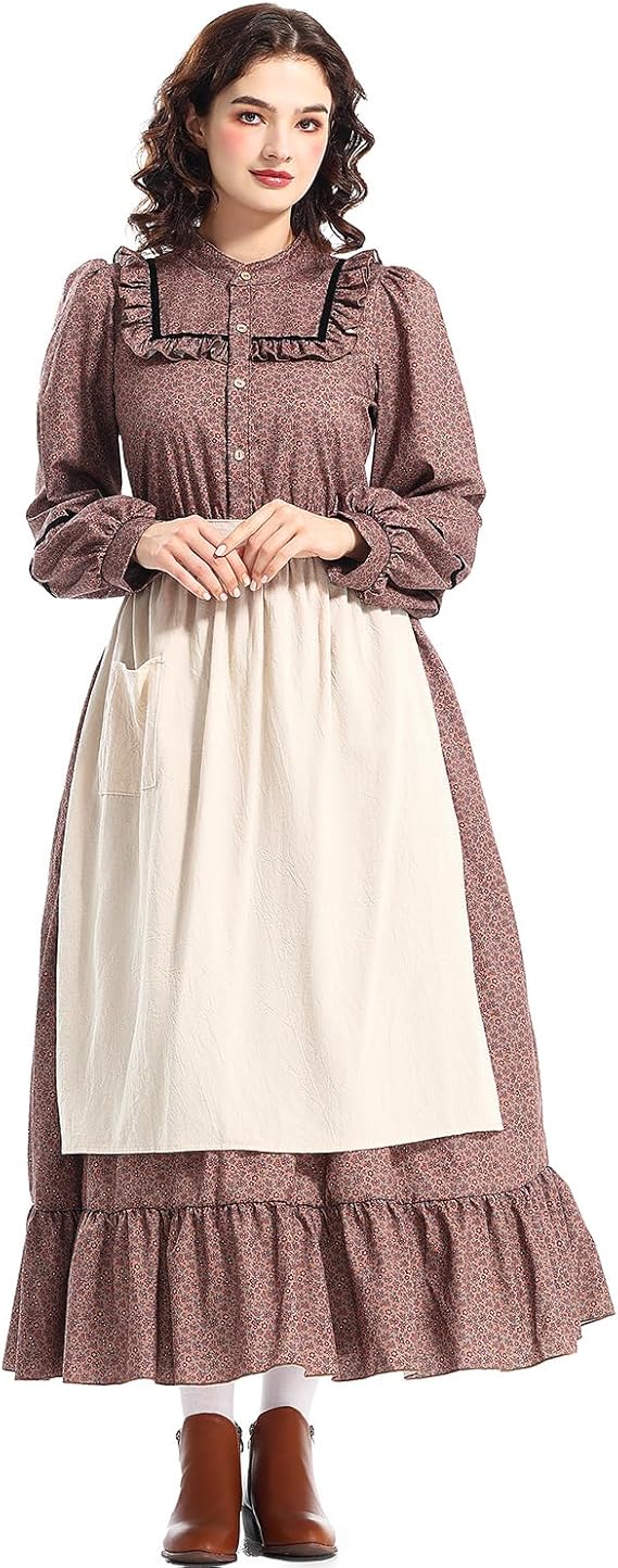 Pioneer Prairie Dress Women Floral Colonial Costume Long Sleeve American Historical Dress