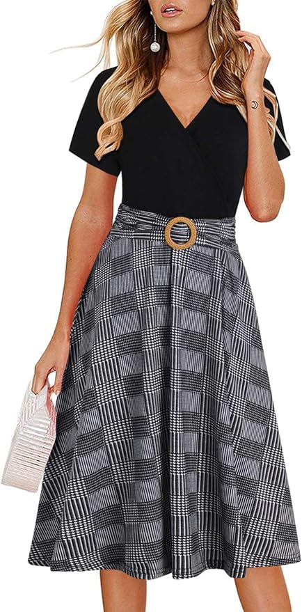 Women's Elegant Criss-Cross V Neck Vintage Short Sleeve Work Casual Fit and Flare Tea Dress with Pockets 980