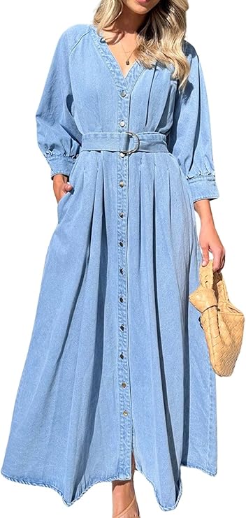 loveimgs Women 2025 Casual Button Down Denim Maxi Dress Pleated A Line Long Jean Shirt Dresses Belted Pockets